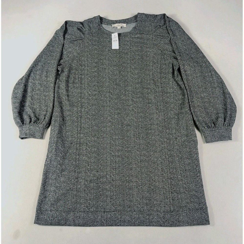 LOFT Women's Gray Herringbone Knit Dress L NWT Long Sleeve Smocked Cuffs Pockets